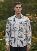Men'S Premium Rayon Shirt With Blue And Orange Leaf Print
