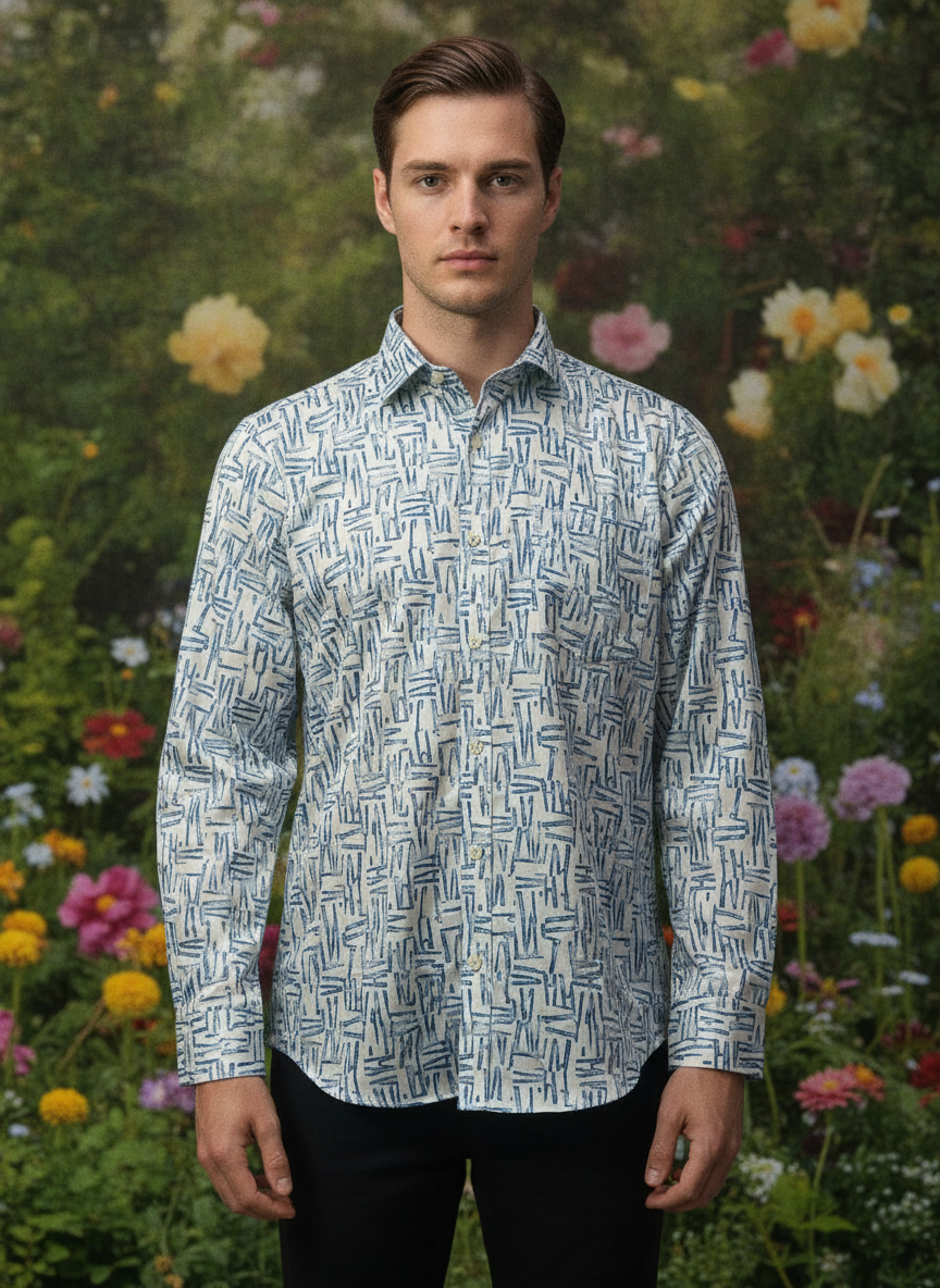 Men'S Poly Satin Lycra Blue Digital Printed Shirt