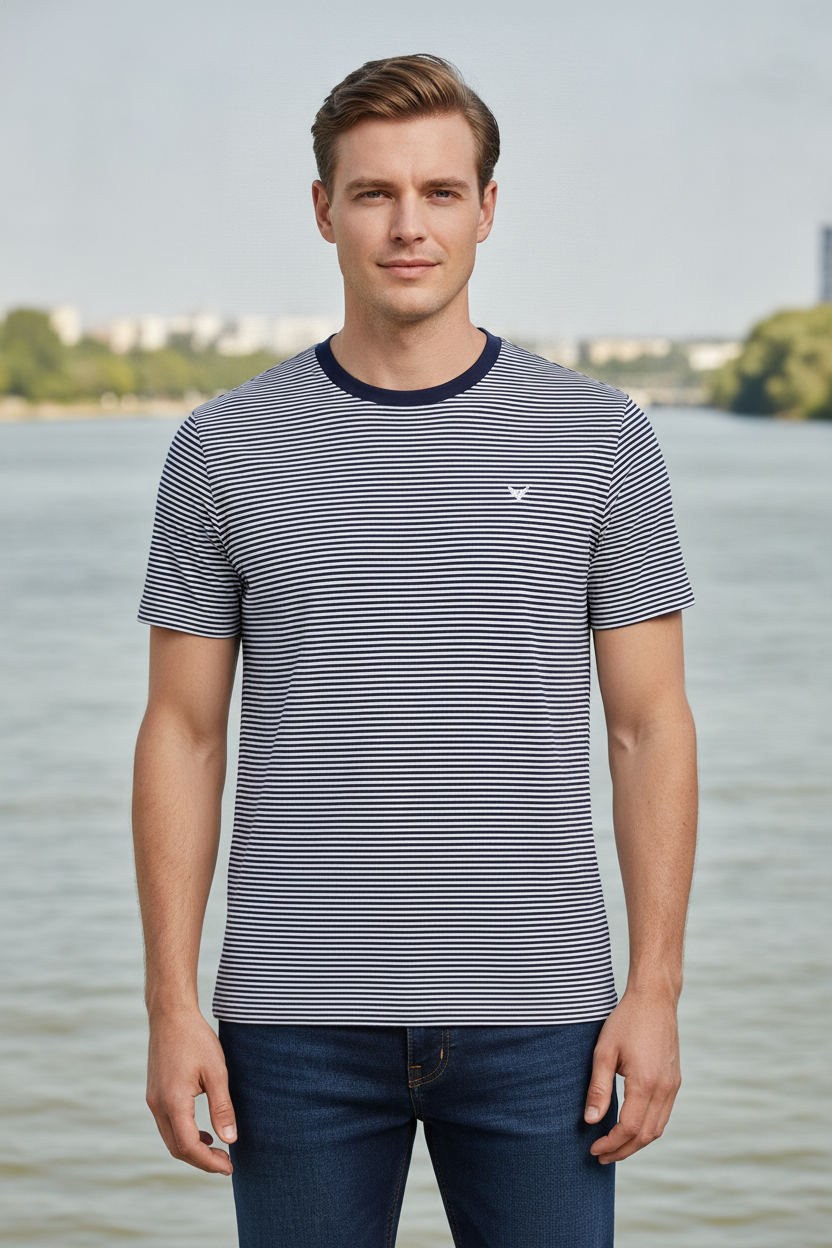 Mens Premium Cotton Striped Half Sleeve Crew Neck T-Shirts