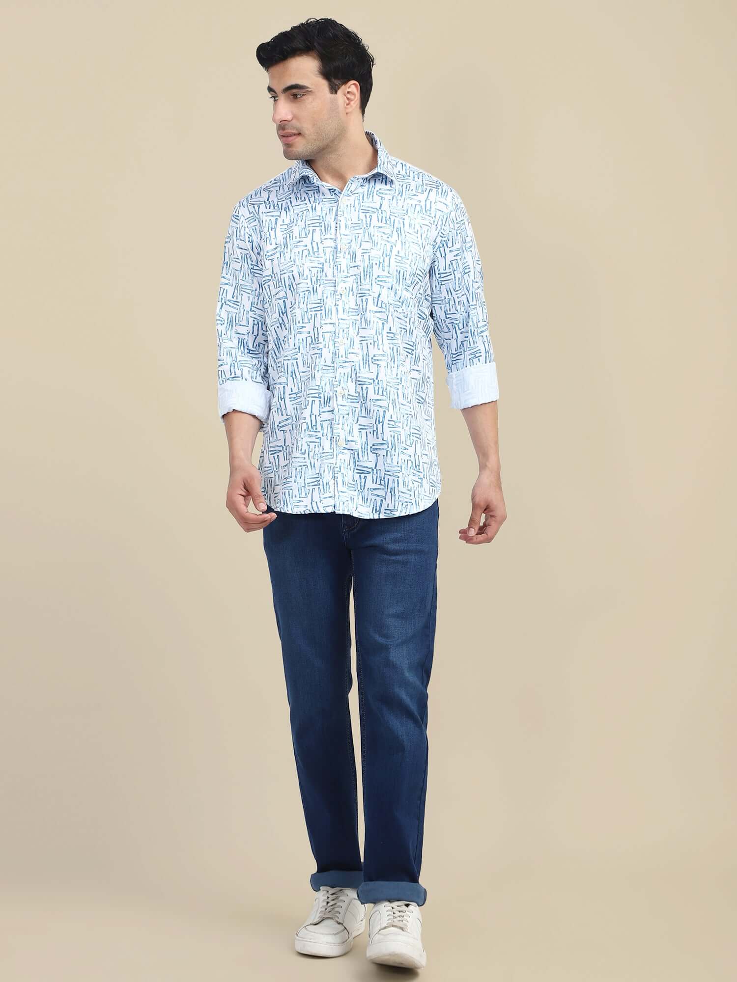 Men'S Premium Poly Satin Lycra Blue Digital Printed Shirt