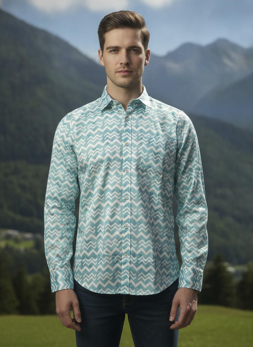 Men'S Poly Satin Lycra Grey Digital Printed Shirt