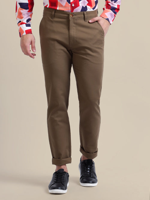 Brown Casual Trousers Solid Cotton Lycra Smart Fit