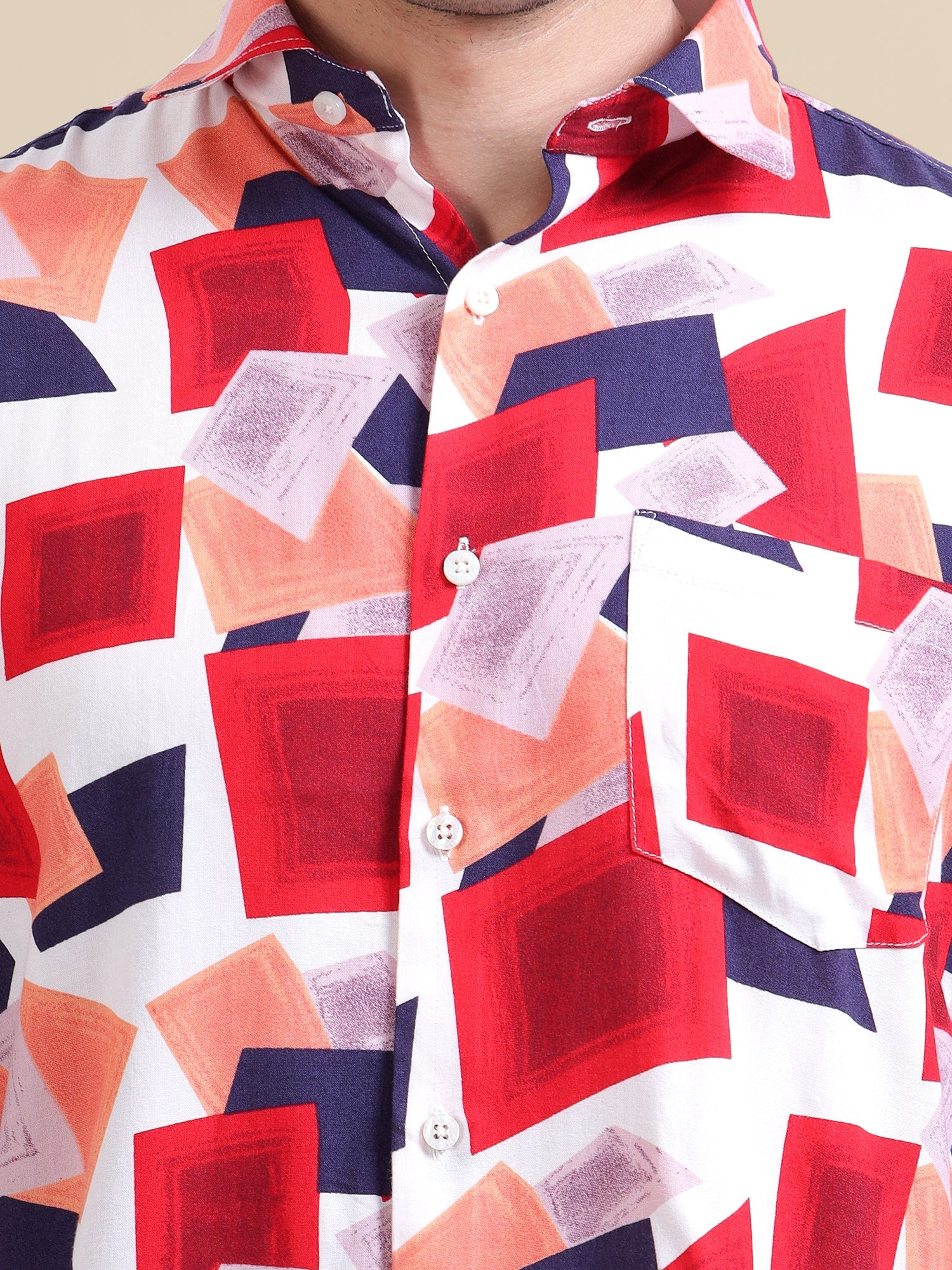 Men'S Premium Rayon Shirt With Red And Blue Print