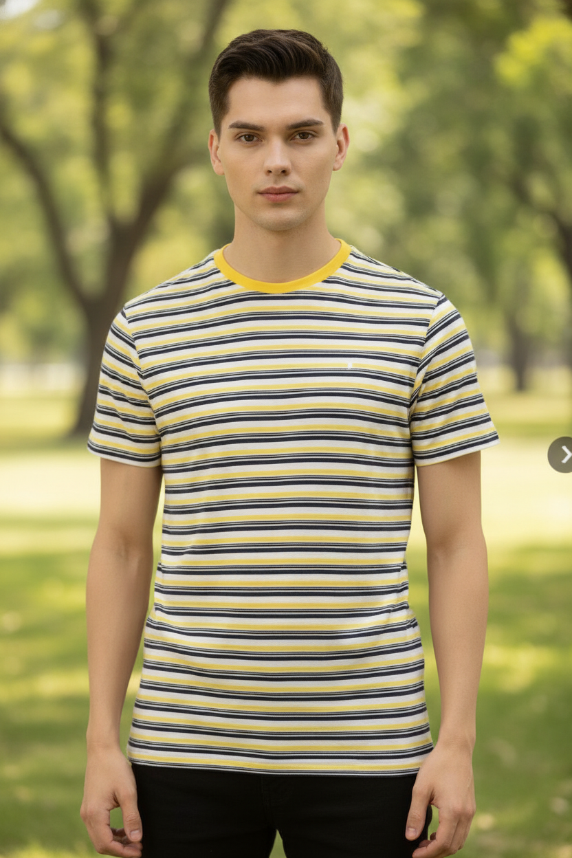 Mens Premium Cotton Striped Half Sleeve Crew Neck T-Shirts