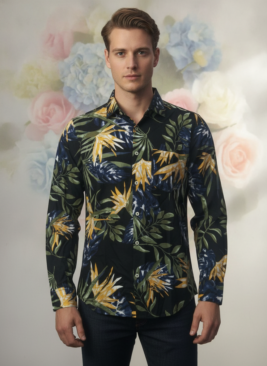 Men'S Premium Rayon Shirt With Jungle Print In Full Sleeve And Black Color