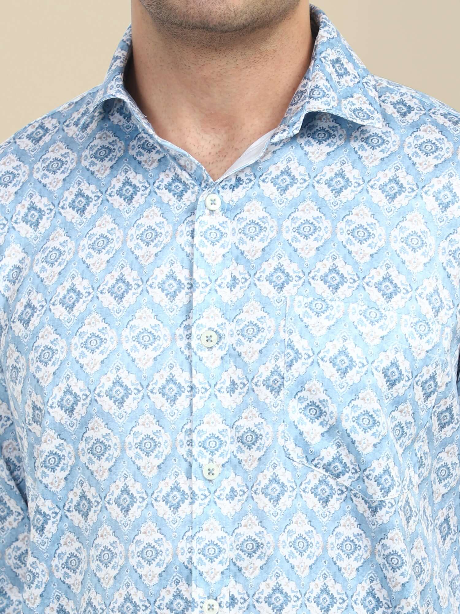 Men'S Poly Satin Lycra Mint Green Digital Printed Shirt