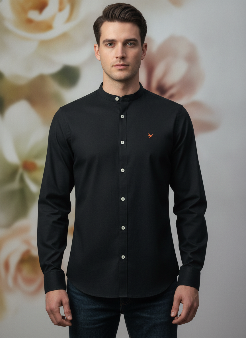 Amswan Premium Men'S Black Crinkle Cotton Shirt - Mandarin Collar, Long Sleeves
