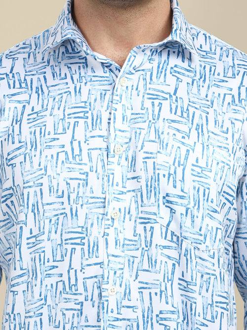 Men'S Poly Satin Lycra Blue Digital Printed Shirt