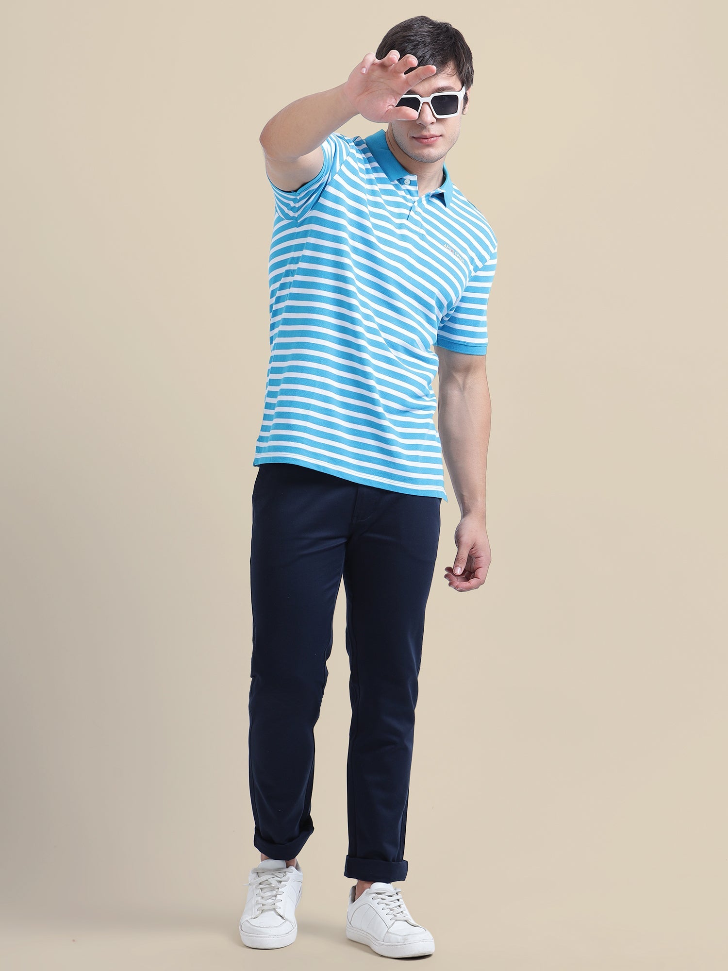 Navy Casual Trousers Solid Cotton Lycra Smart Fit