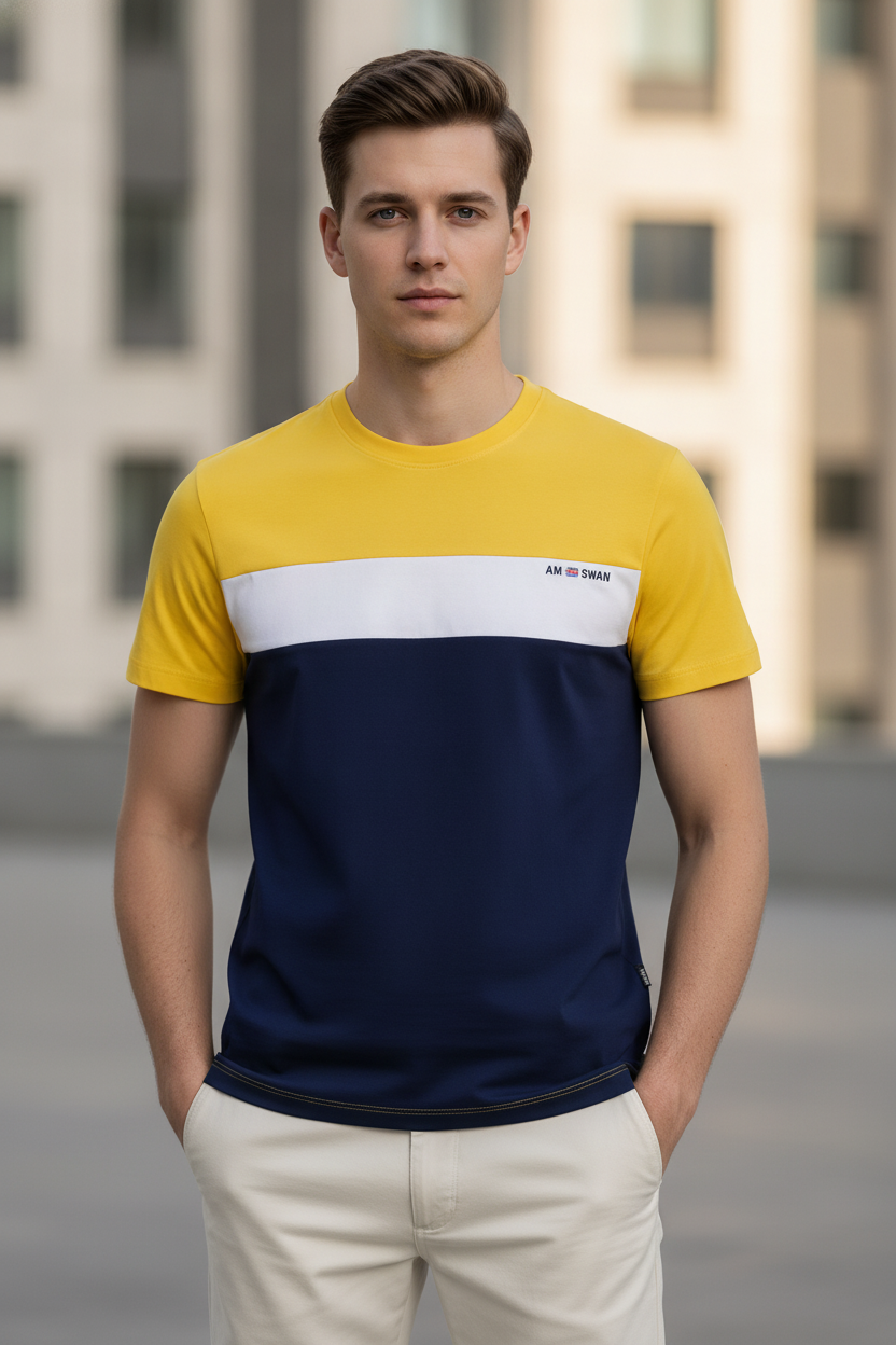 Mens Cotton Rich Lycra Colourblock Printed Half  Sleeve Crew Neck T-Shirts