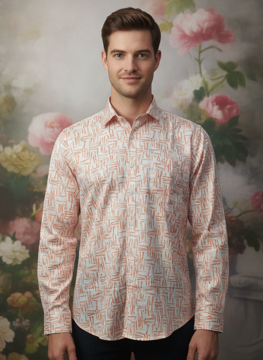 Men'S Poly Satin Lycra Orange Digital Printed Shirt