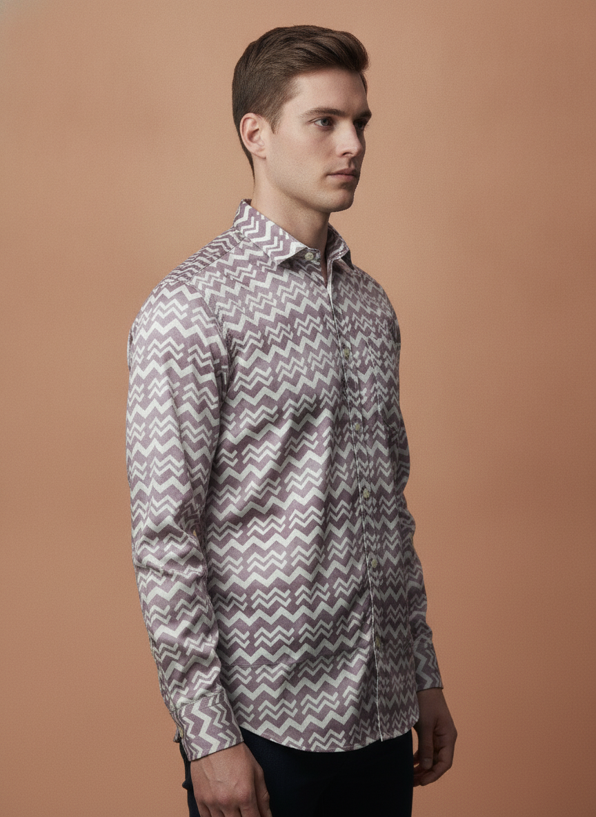 Men'S Poly Satin Lycra Mauve Digital Printed Shirt