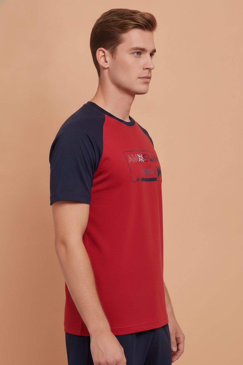 Mens Cotton Rich Lycra Graphic Raglan Half Sleeve Crew Neck T-Shirts