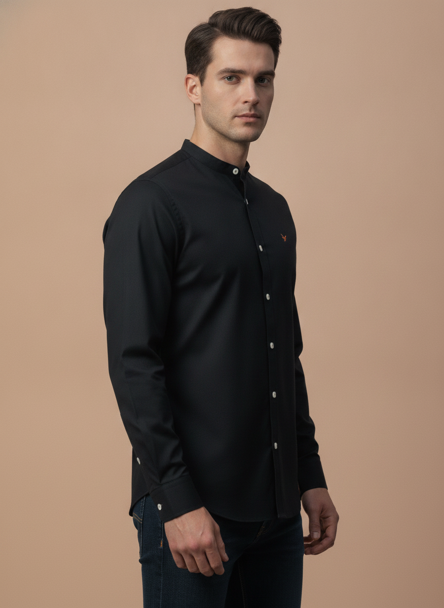 Amswan Premium Men'S Black Crinkle Cotton Shirt - Mandarin Collar, Long Sleeves