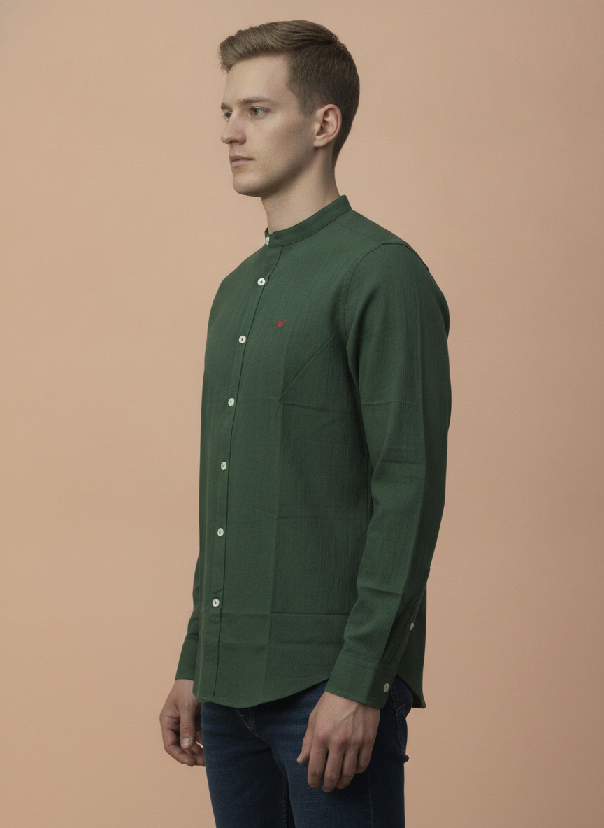 Amswan Premium Men'S Green Crinkle Cotton Shirt - Mandarin Collar, Long Sleeves