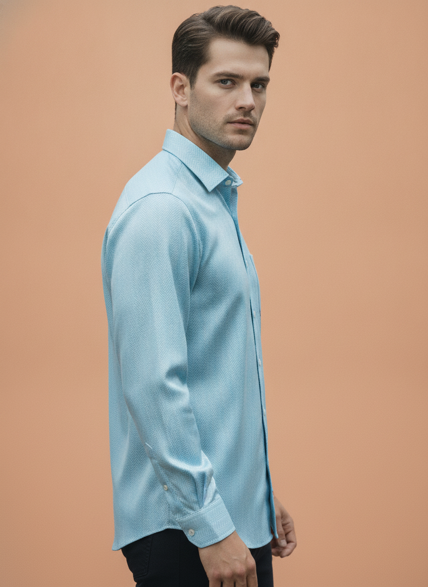 Men'S Poly Satin Lycra Sky Blue Digital Printed Shirt