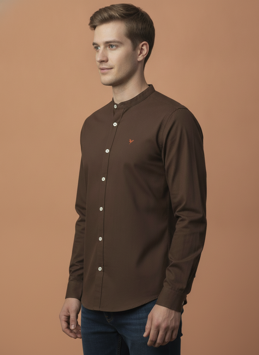 Premium Men'S Brown Crinkle Cotton Shirt - Mandarin Collar, Long Sleeves