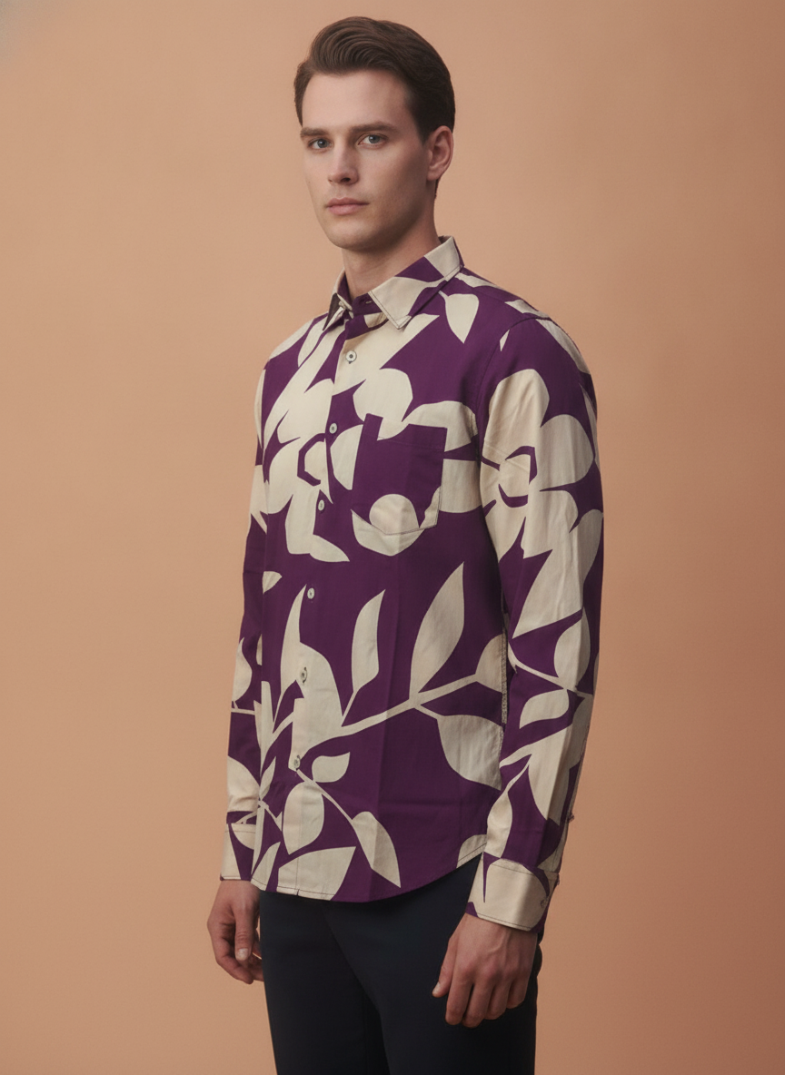 Men'S Premium Rayon Shirt With Purple Floral Print