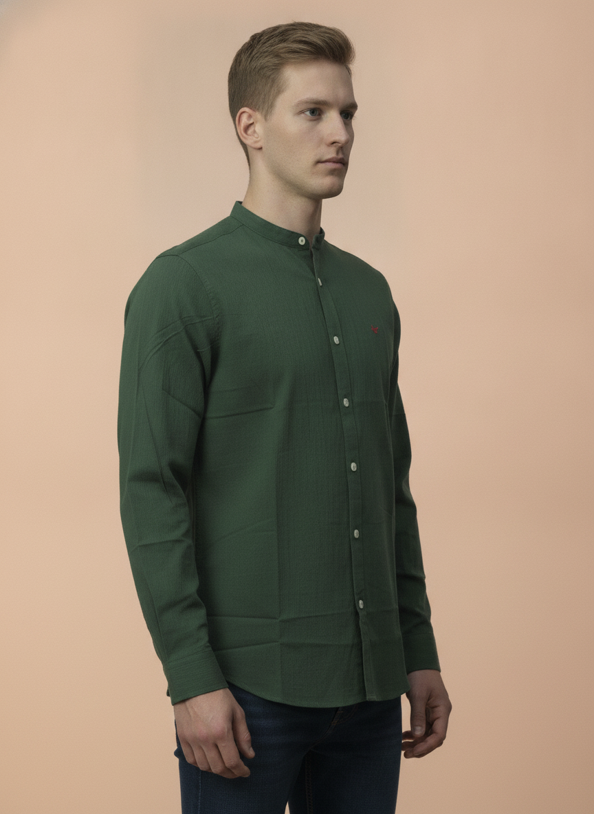 Amswan Premium Men'S Green Crinkle Cotton Shirt - Mandarin Collar, Long Sleeves