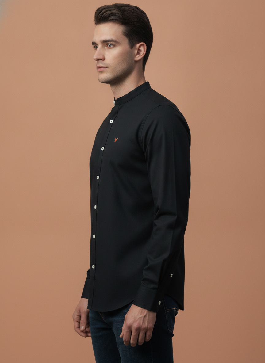 Amswan Premium Men'S Black Crinkle Cotton Shirt - Mandarin Collar, Long Sleeves
