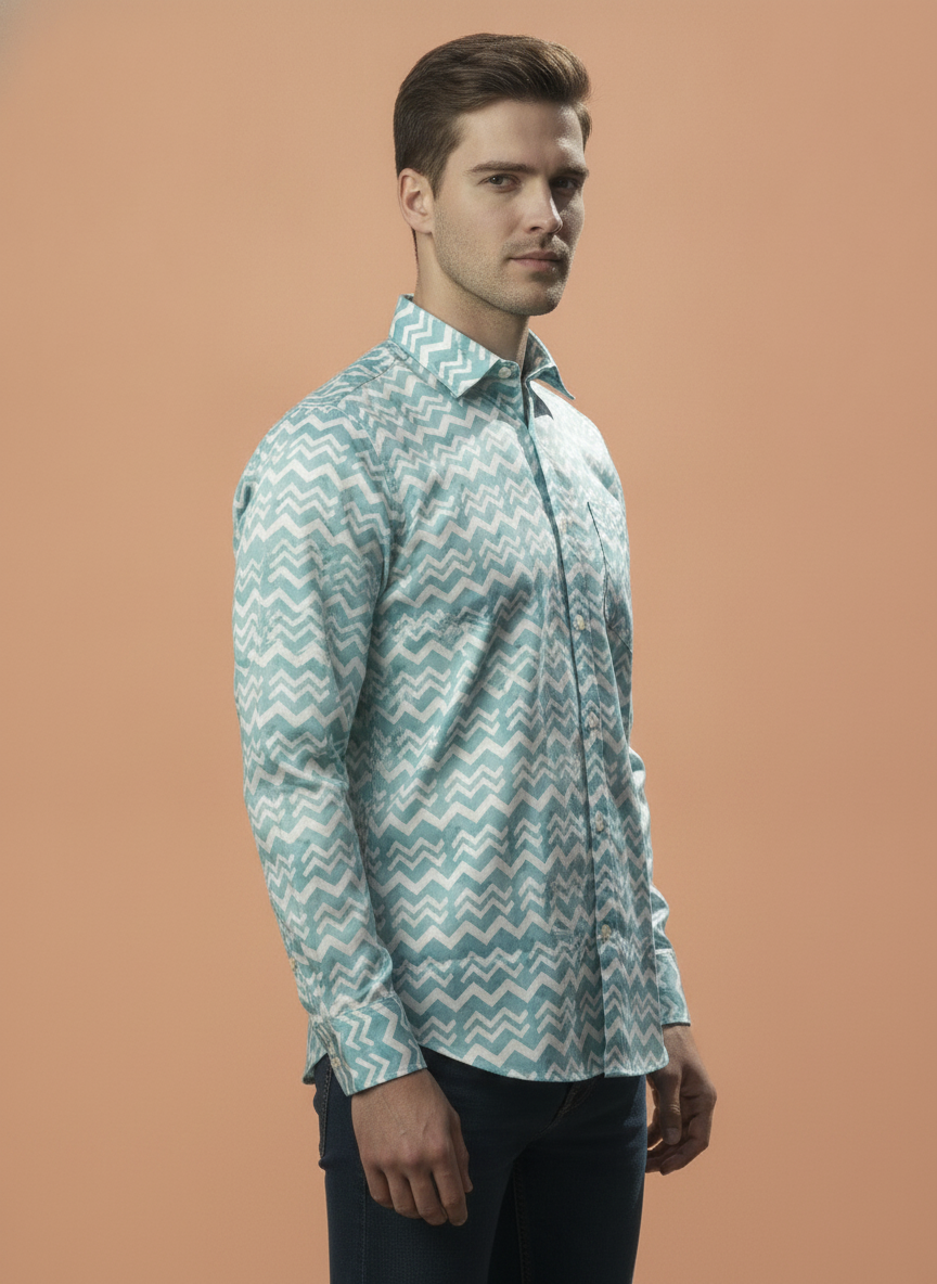 Men'S Poly Satin Lycra Grey Digital Printed Shirt