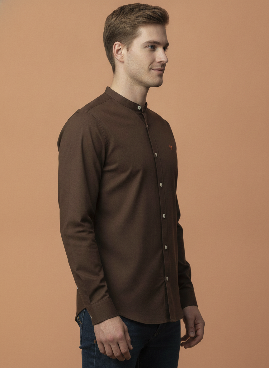 Premium Men'S Brown Crinkle Cotton Shirt - Mandarin Collar, Long Sleeves