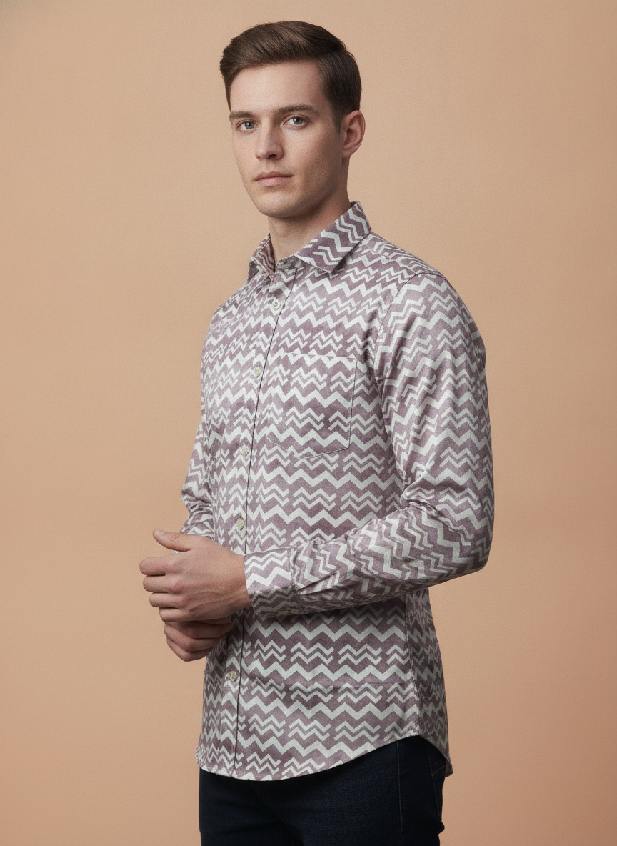 Men'S Poly Satin Lycra Mauve Digital Printed Shirt