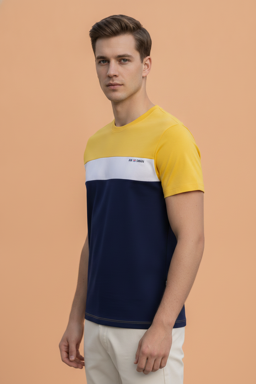 Mens Cotton Rich Lycra Colourblock Printed Half  Sleeve Crew Neck T-Shirts