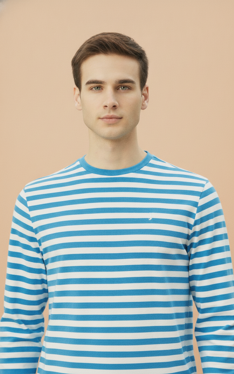 Mens Premium Cotton Striped Full Sleeve Crew Neck T-Shirts