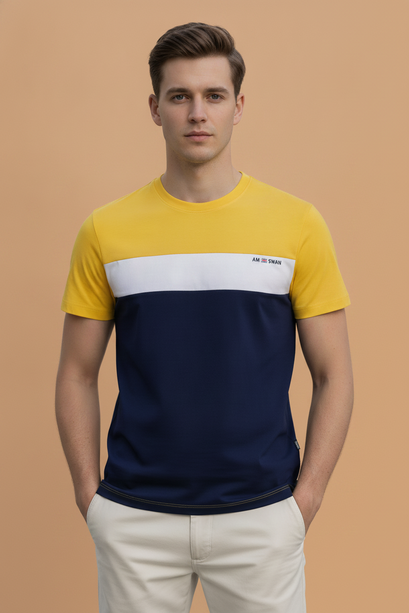 Mens Cotton Rich Lycra Colourblock Printed Half  Sleeve Crew Neck T-Shirts