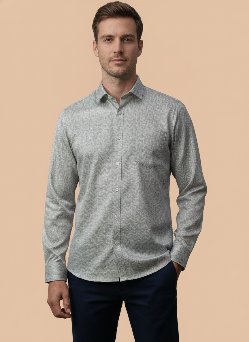 Men'S Poly Satin Lycra Grey Digital Printed Shirt