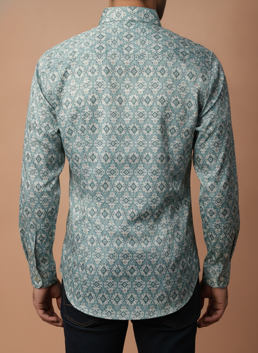 Men'S Poly Satin Lycra Blue Digital Printed Shirt