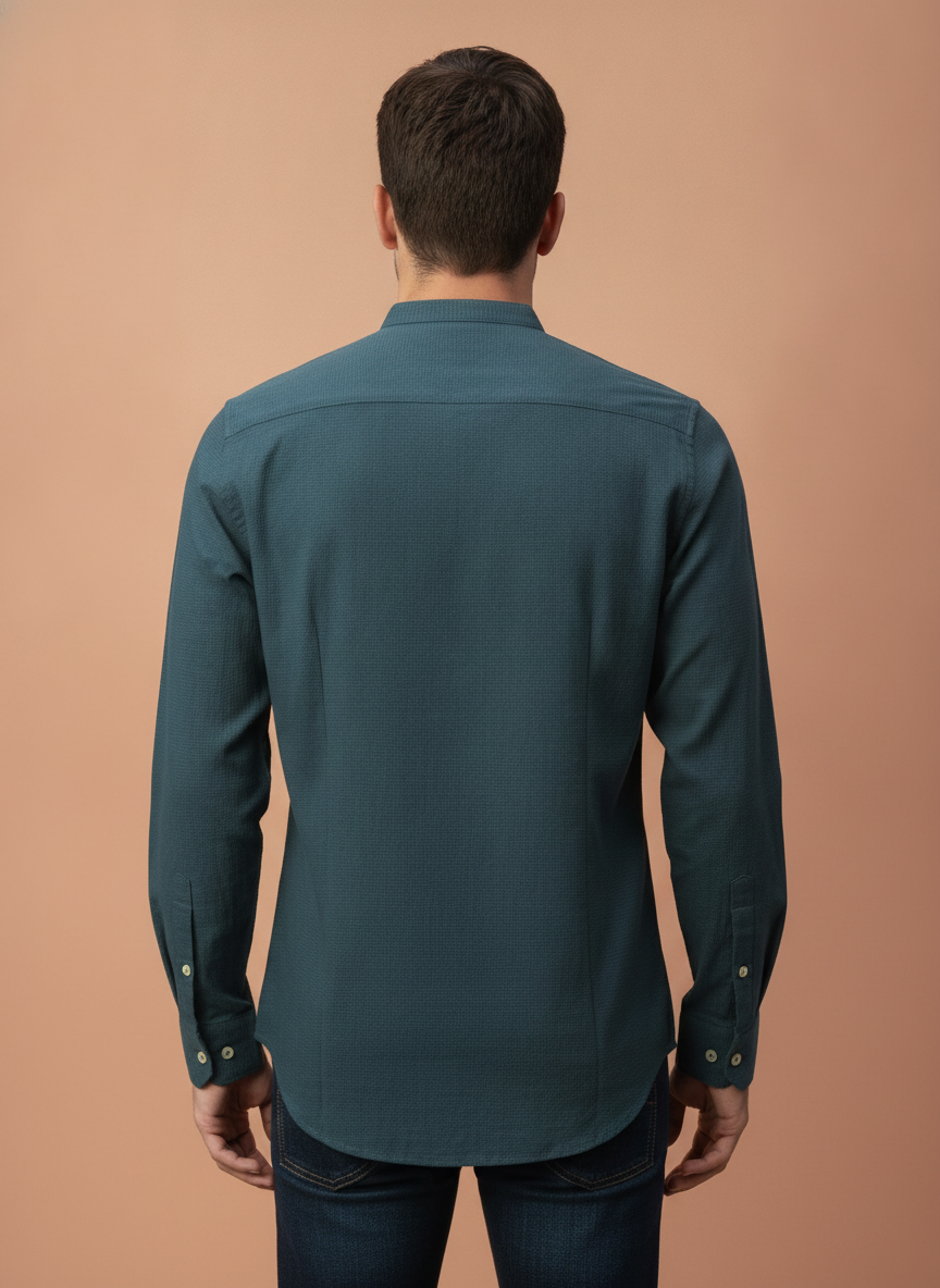 Amswan Premium Men'S Blue Crinkle Cotton Shirt - Mandarin Collar, Long Sleeves