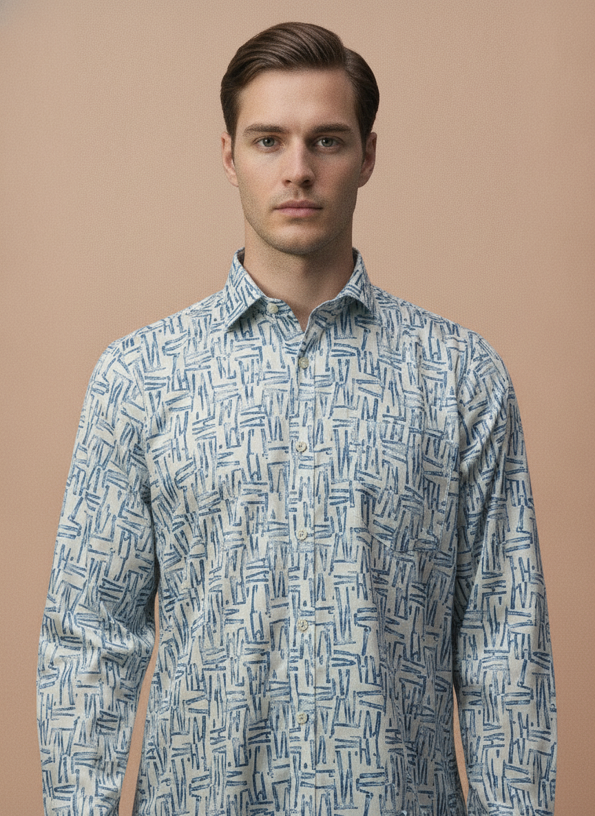 Men'S Poly Satin Lycra Blue Digital Printed Shirt