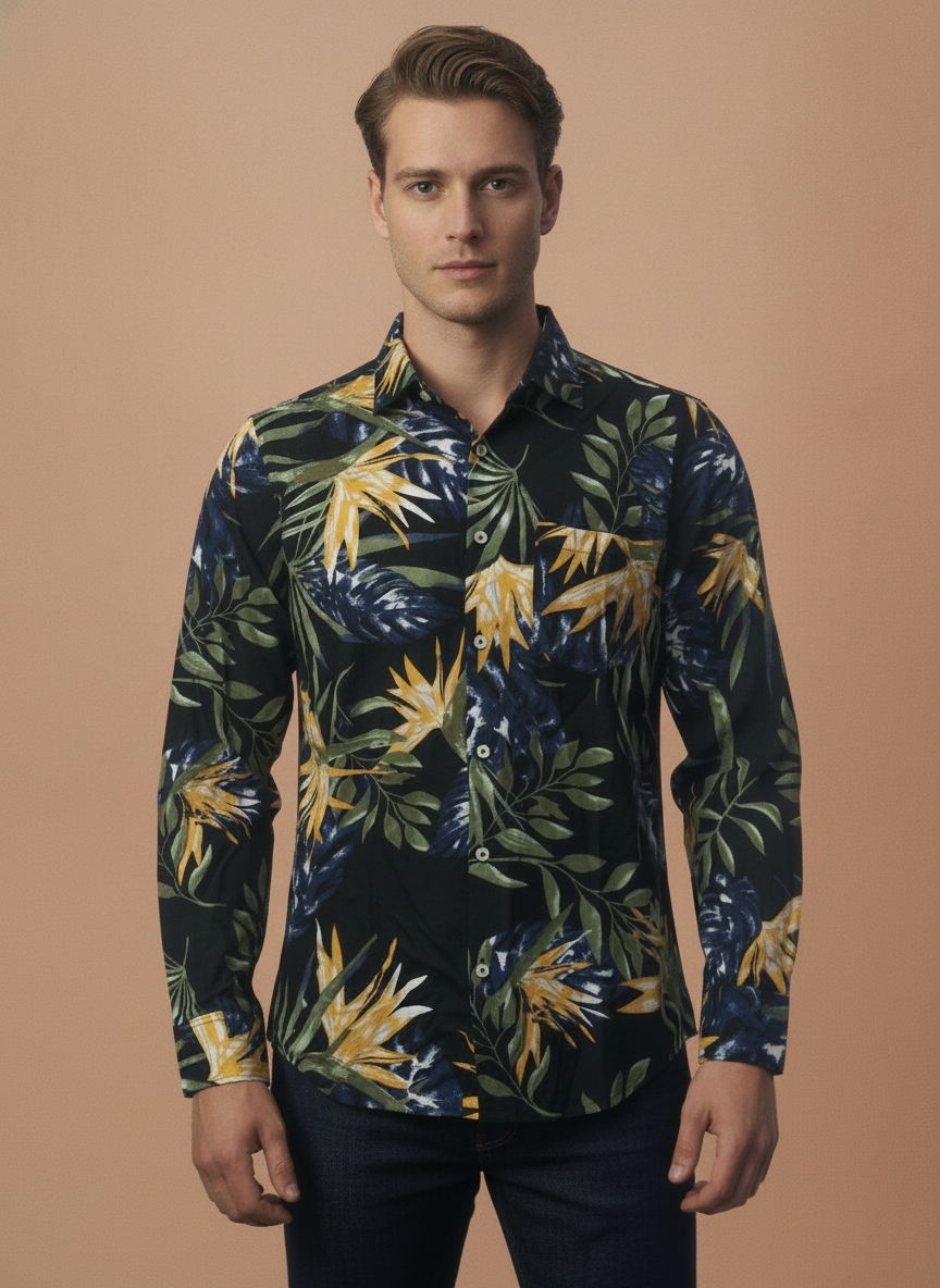 Men'S Premium Rayon Shirt With Jungle Print In Full Sleeve And Black Color