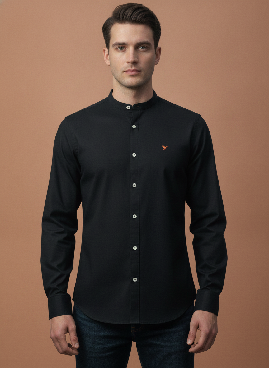 Amswan Premium Men'S Black Crinkle Cotton Shirt - Mandarin Collar, Long Sleeves