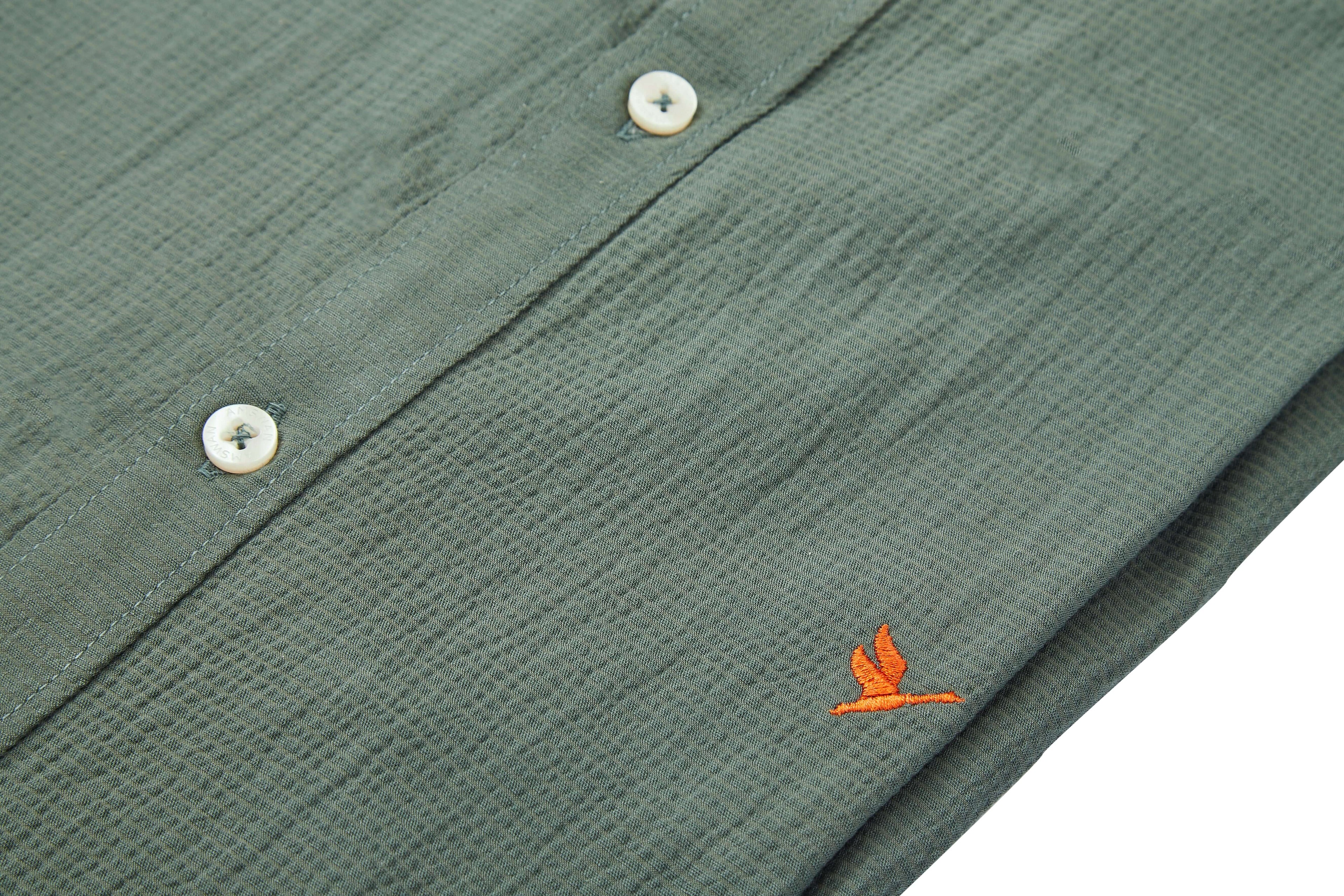 Amswan Premium Men'S Green Crinkle Cotton Shirt - Mandarin Collar, Long Sleeves
