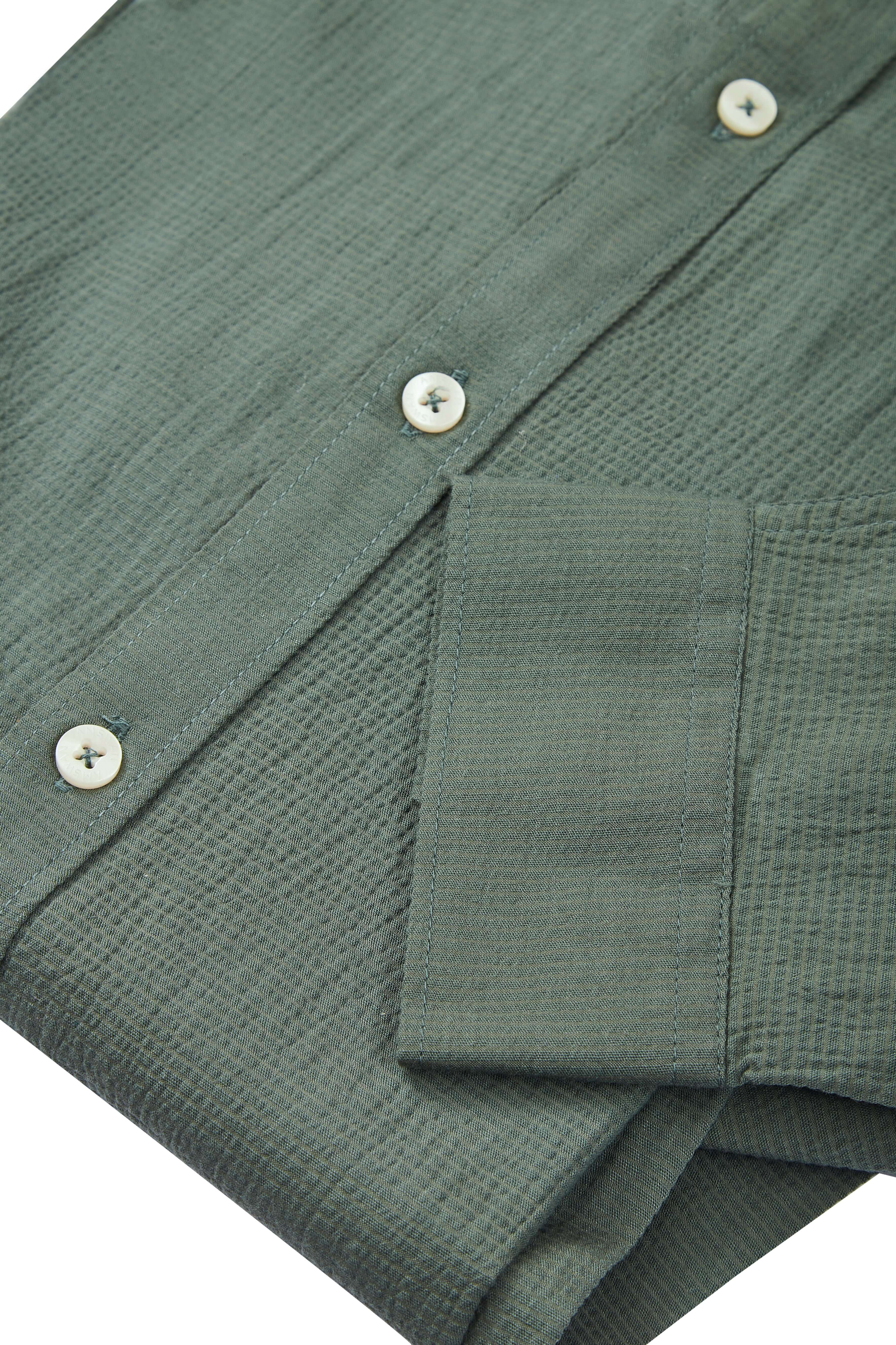 Amswan Premium Men'S Green Crinkle Cotton Shirt - Mandarin Collar, Long Sleeves