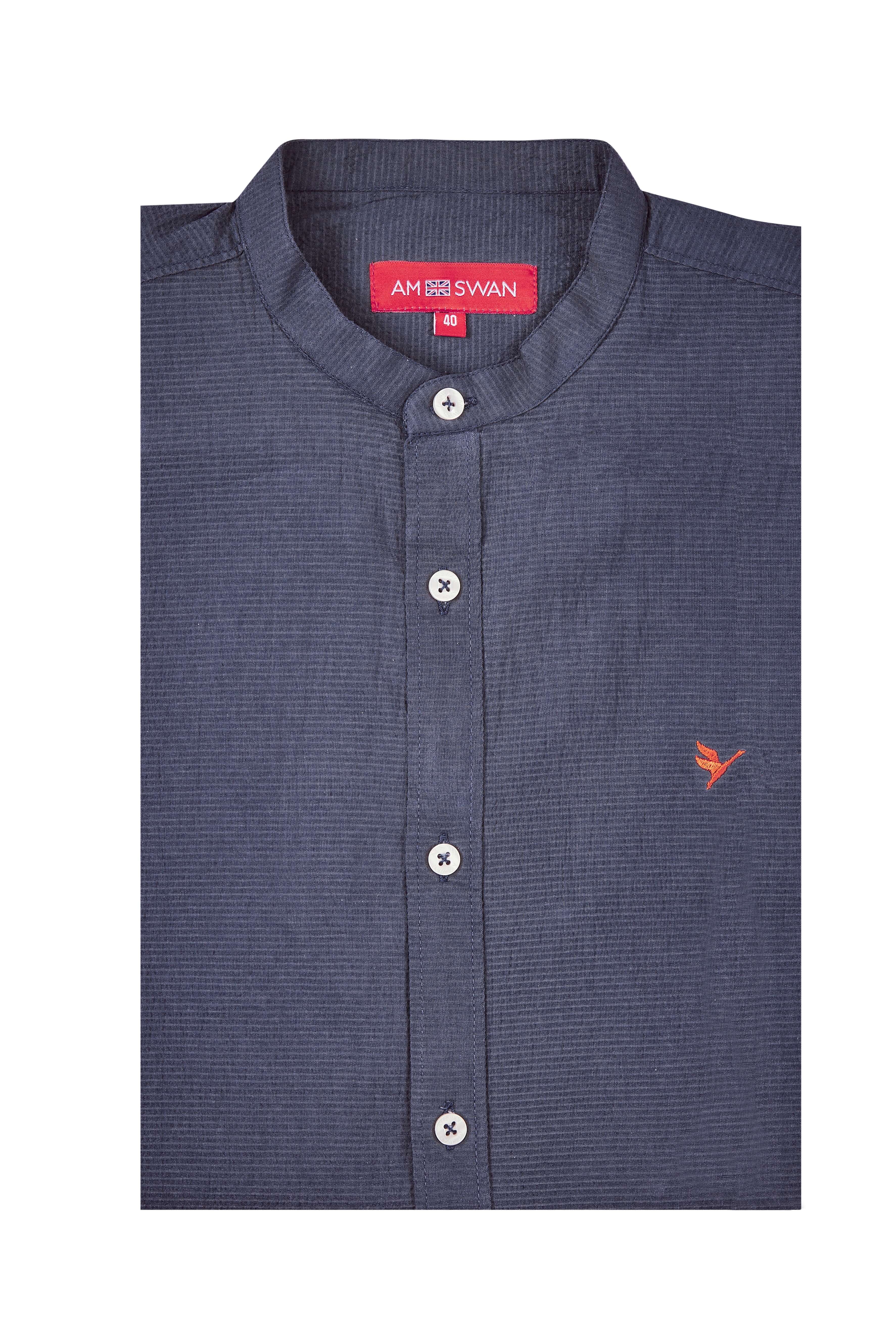 Amswan Premium Men'S Blue Crinkle Cotton Shirt - Mandarin Collar, Long Sleeves